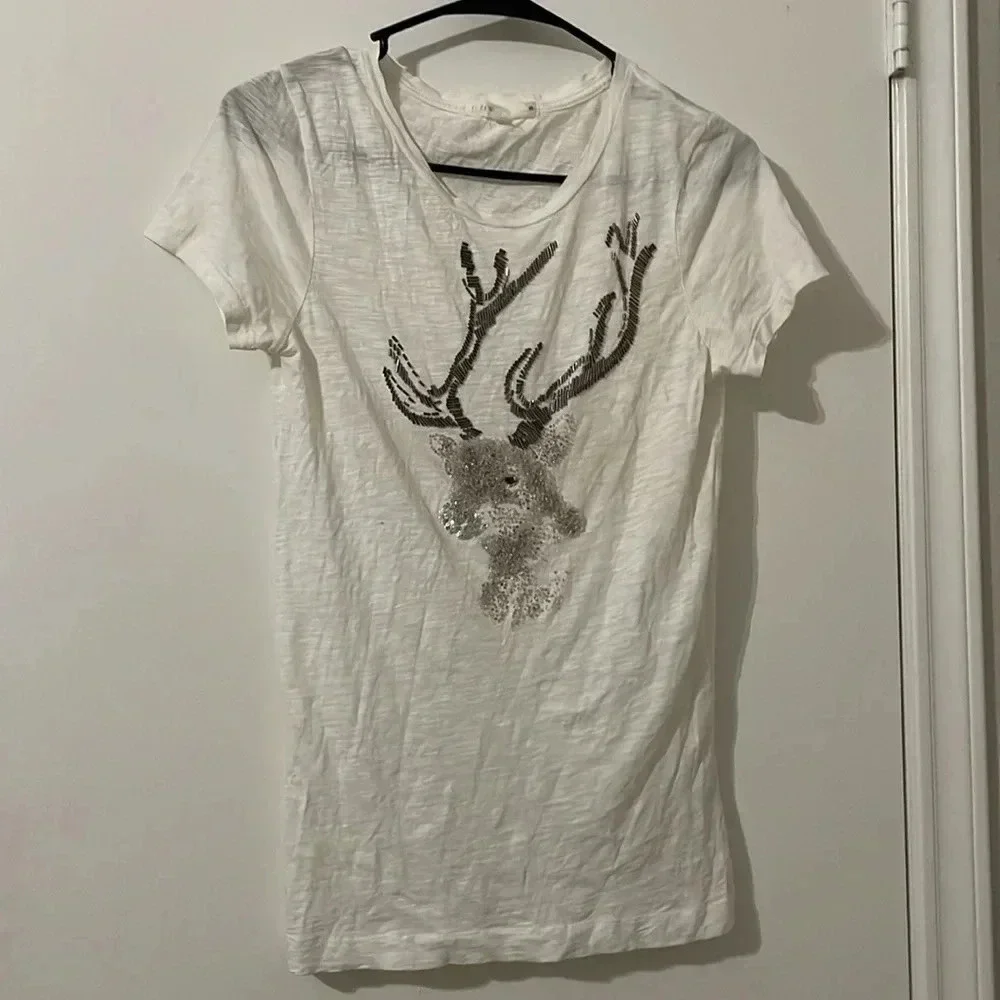 J. Crew White T-Shirt with Silver Deer Design